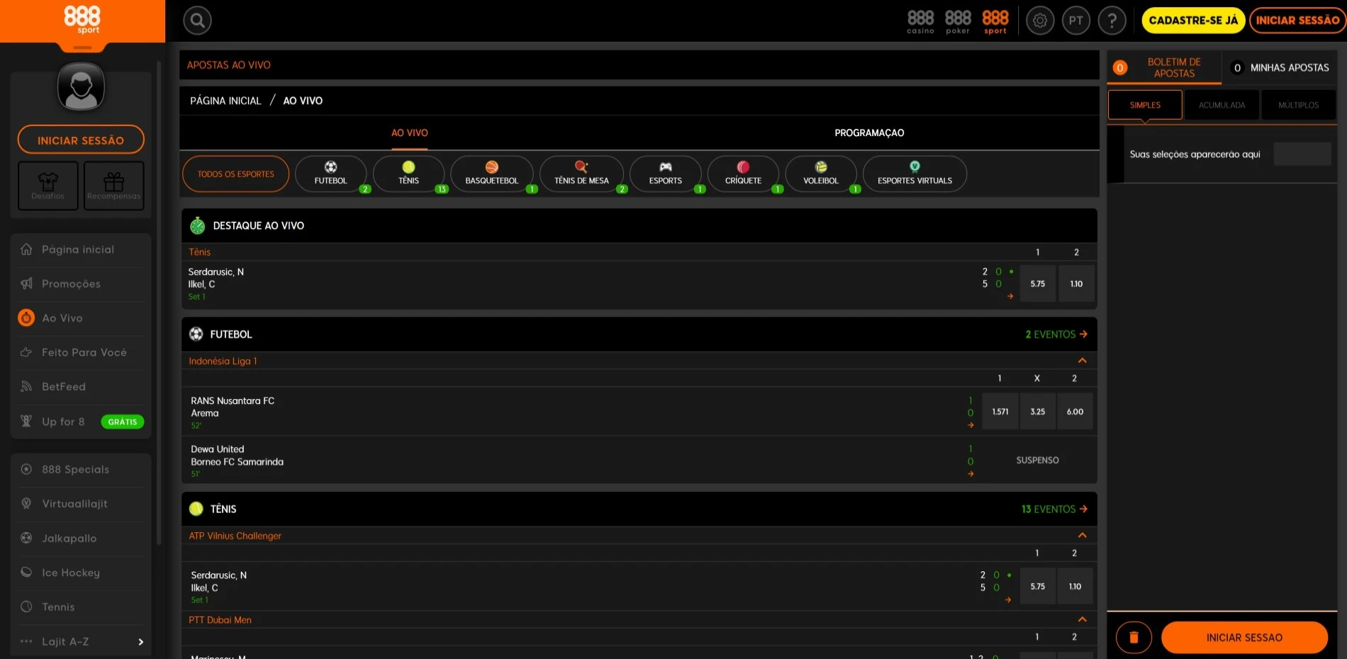 888Sport Apostas ao vivo