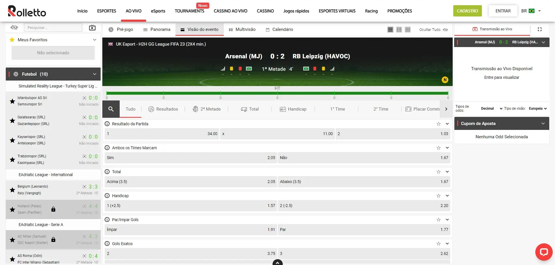 Apostas ao Vivo Rolletto