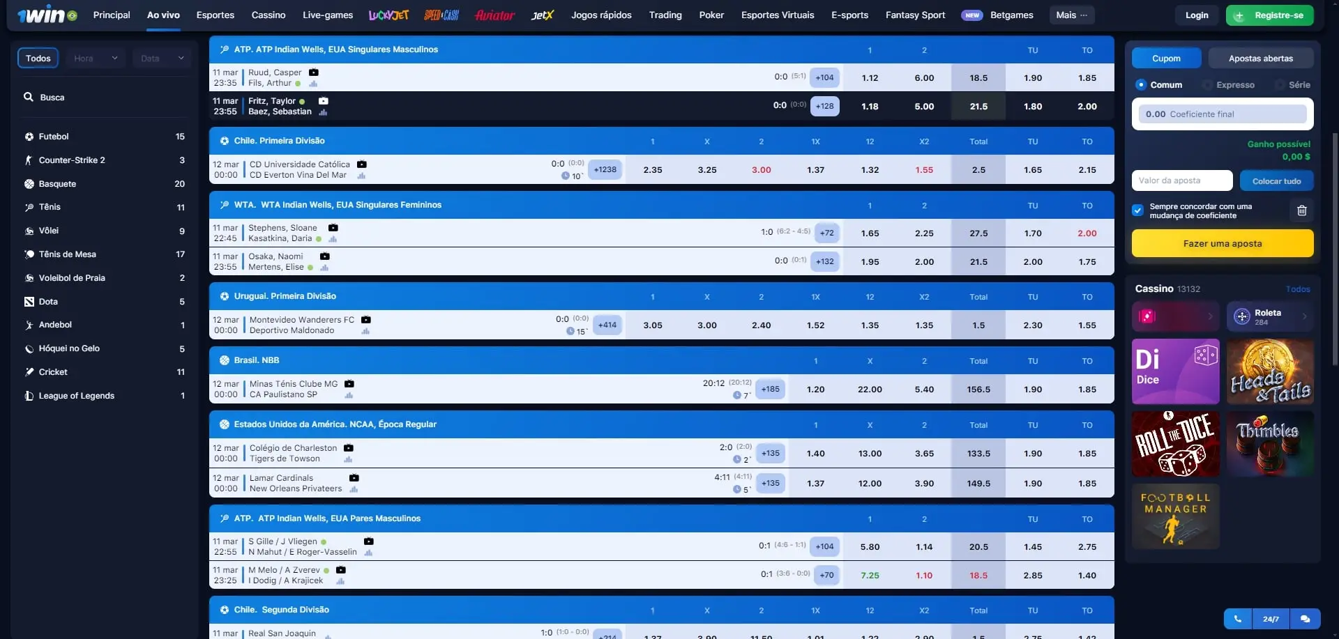 Apostas ao Vivo 1Win